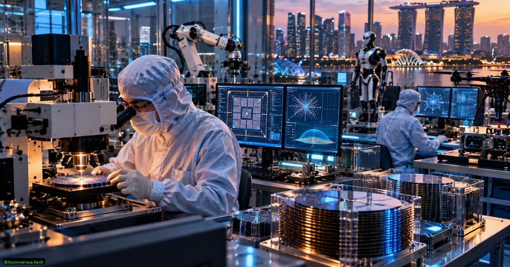 A futuristic Singapore semiconductor and robotics lab with wafer inspection, robotic systems and a city skyline at dusk.