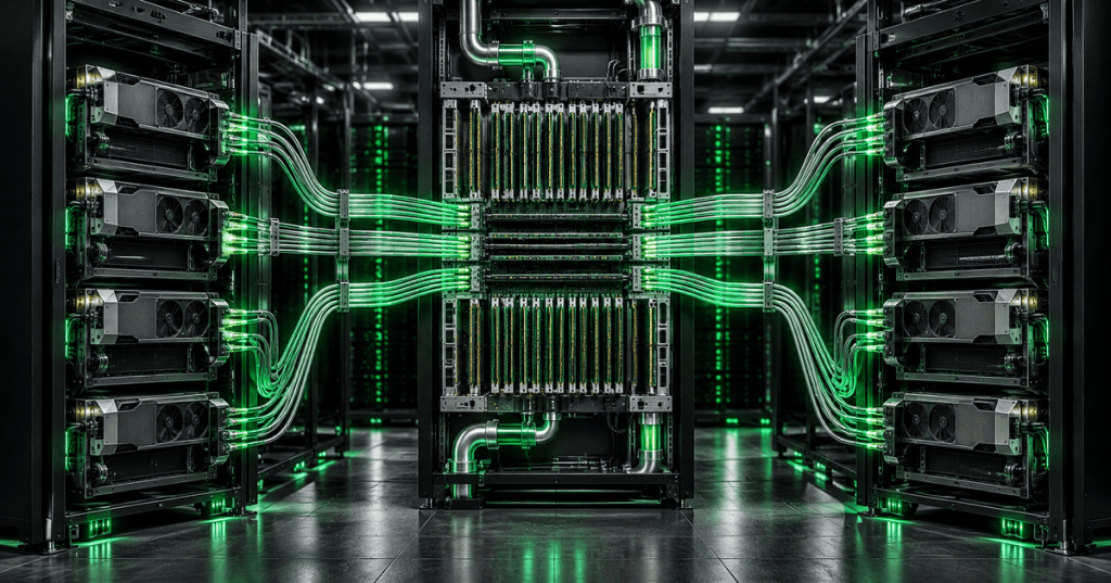 Memory-centric AI rack with pooled memory modules connected to GPU servers in a data center