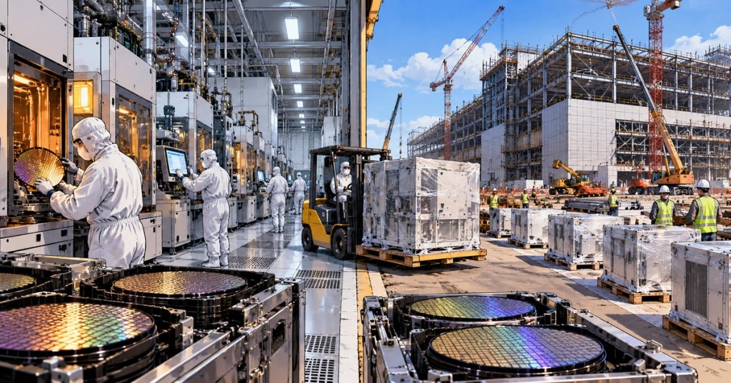 Wordless comic-style semiconductor scene showing an operating chip fab, equipment movement, and a new fabrication plant under construction.