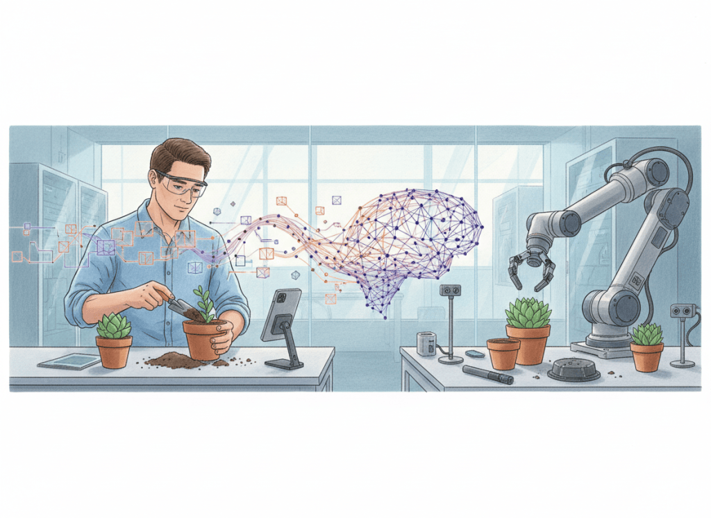 Color-pencil illustration of a human video demonstration guiding a robot arm to perform a new multi-step task.