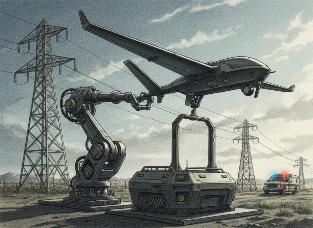 Color-pencil illustration of a fixed-wing autonomous drone being launched from a robotic dock beside utility infrastructure.
