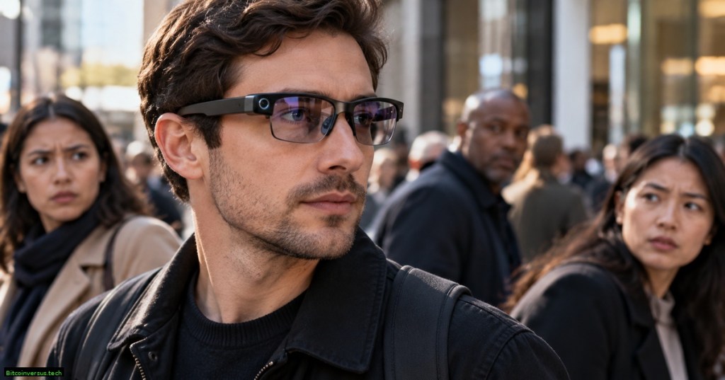 A person wearing camera-equipped smart glasses in a crowded public space while nearby people look uneasy about possible recording.