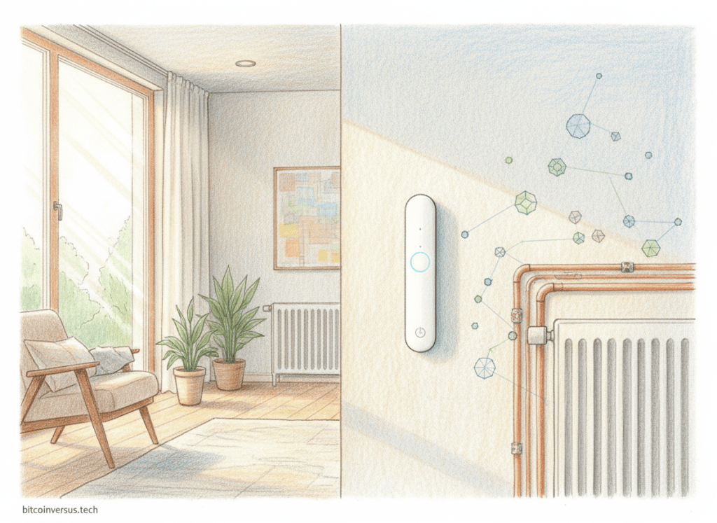 Thin smart thermostat controlling a connected home heating system with Matter and Thread-style device links.