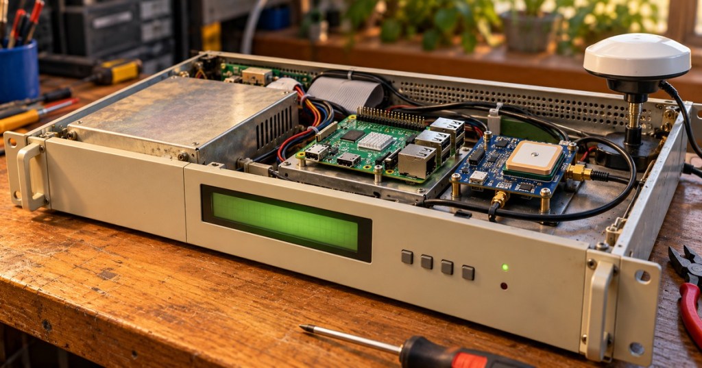 Original editorial image of a vintage rackmount GPS time server rebuilt with a Raspberry Pi and GNSS timing board on a workshop bench.