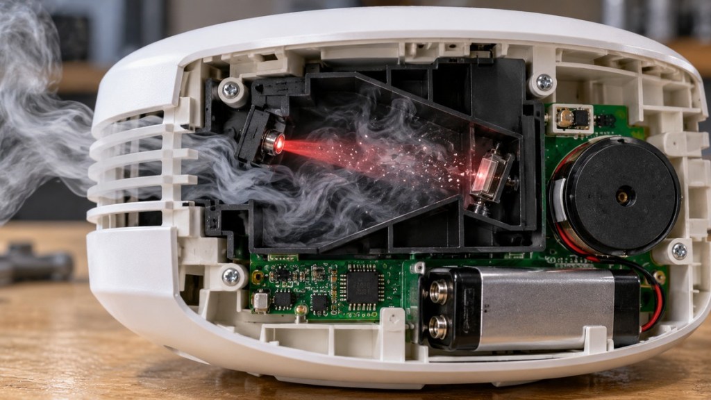 Realistic cutaway of an opened smoke alarm showing its optical chamber, circuit board, alarm buzzer and battery while smoke enters the sensor.