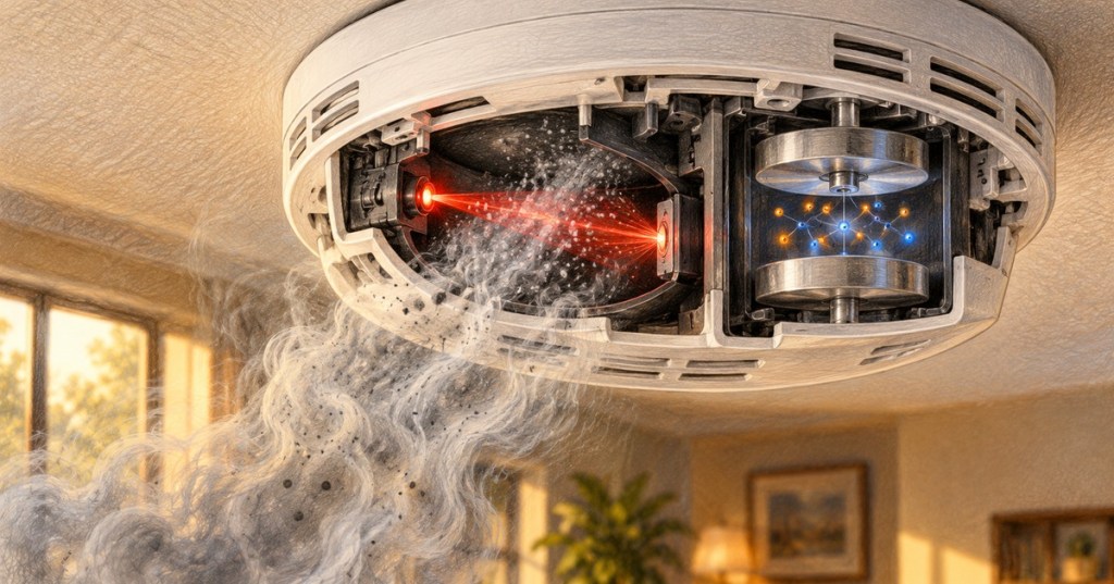 Realistic technical cutaway of a ceiling smoke alarm with smoke entering photoelectric and ionization sensing chambers.