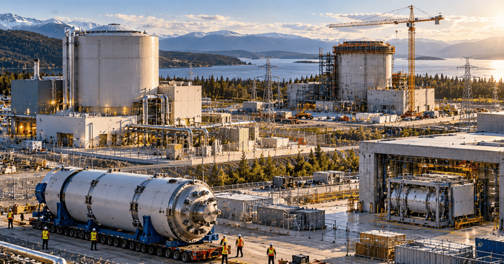 Illustration of modular nuclear reactor units under construction beside a waterfront power site, with a large factory-built reactor module being delivered.