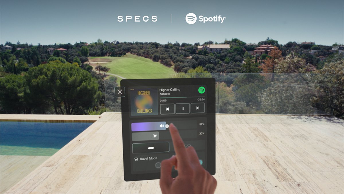 Snap SPECS augmented reality interface showing music controls over the wearer's real-world view.
