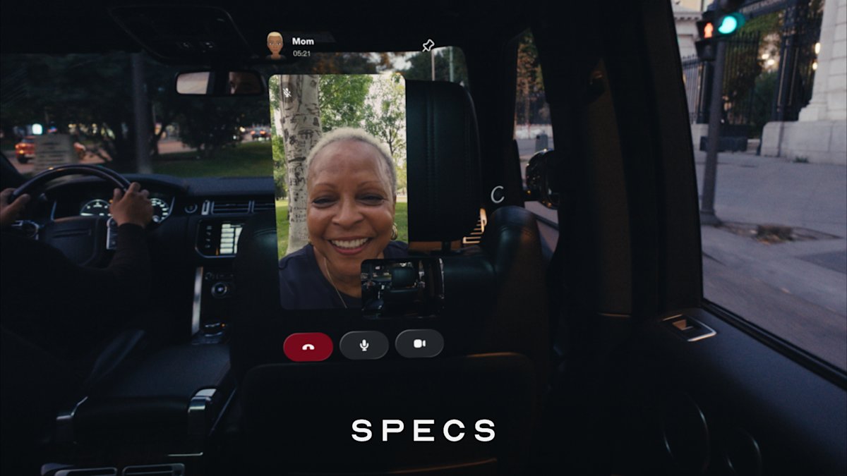 Snap SPECS augmented reality view showing a hands-free video call over the real world.