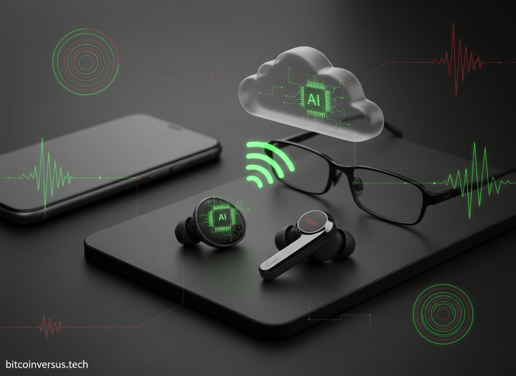Wireless earbuds and audio glasses with an embedded AI chip connecting directly to cloud services over low-power Wi-Fi.