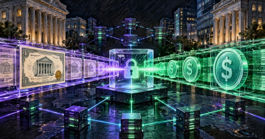 Illustration of tokenized assets and digital payment rails meeting in an atomic blockchain settlement.