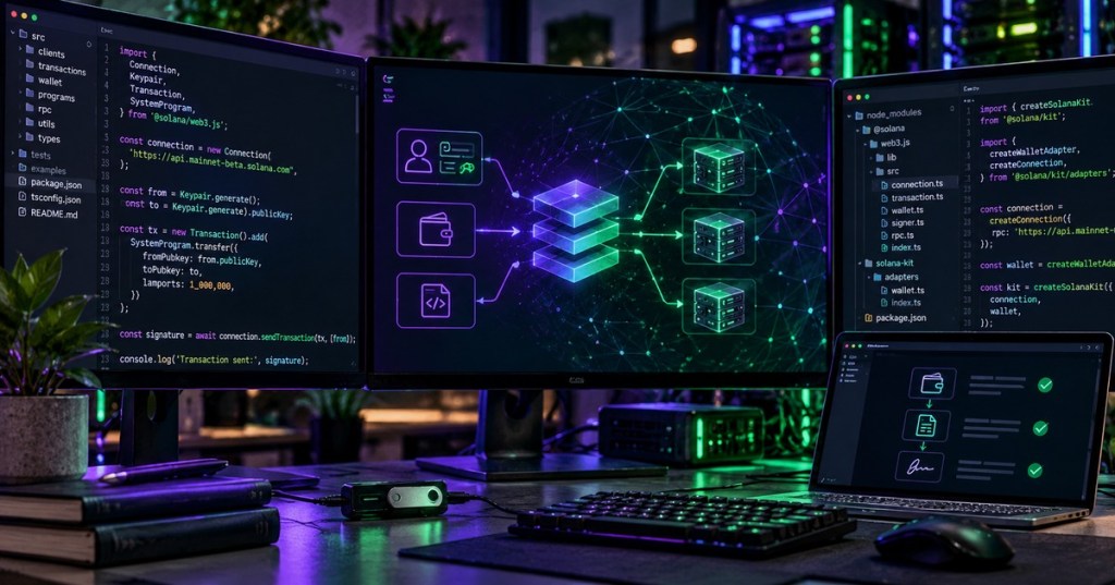 Neon-lit developer workstation showing Solana JavaScript code, wallet connectivity, and blockchain transaction flows.