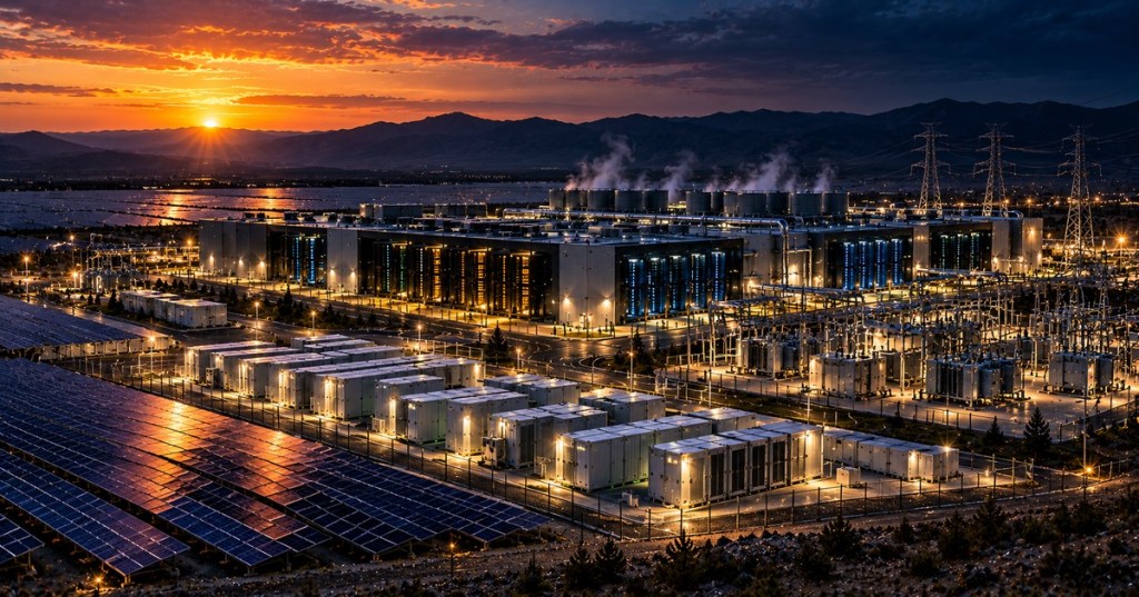 Solar panels, battery storage and a large data center operating through sunset into night