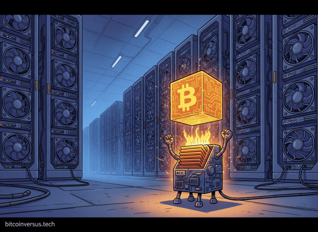 Small independent Bitcoin ASIC miner finding a block against a backdrop of giant industrial mining fleets.