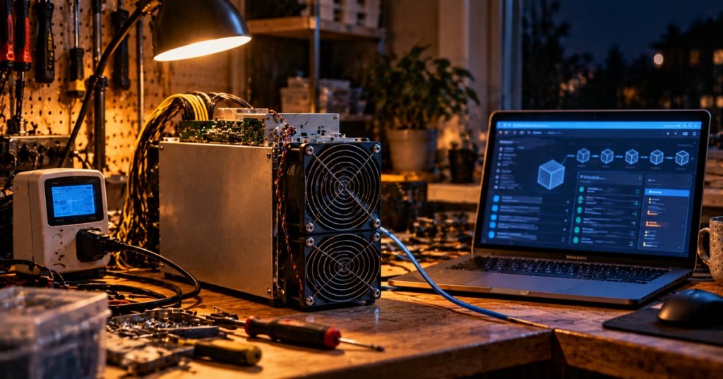 Original realistic editorial illustration of an ASIC mining device beside a laptop on a home technician's workbench at night