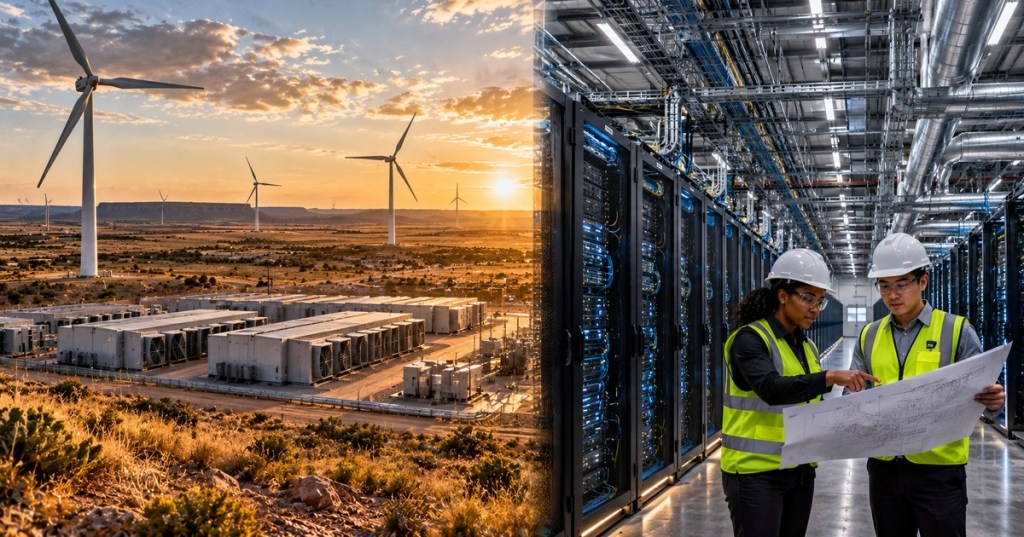 Split-screen editorial illustration showing West Texas wind turbines and modular mining data-center buildings alongside an AI server hall where two engineers review plans.