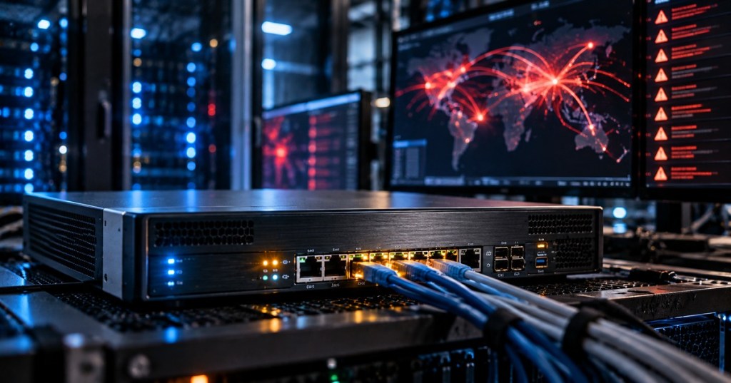 Photorealistic network security appliance in a data center with cyberattack alerts on monitoring screens
