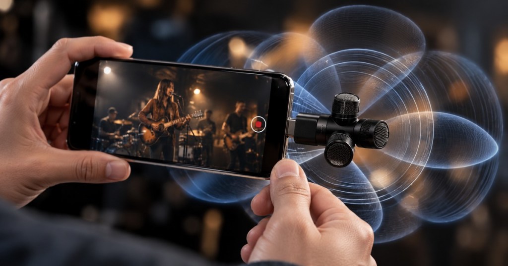 Compact four-capsule USB-C spatial audio microphone attached to a smartphone recording live music