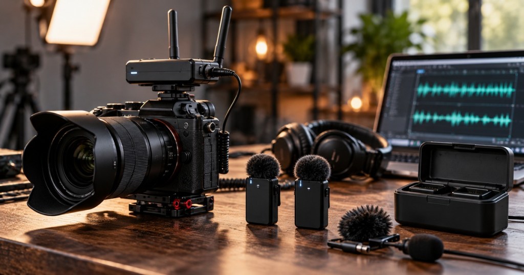 Editorial image of a mirrorless camera, compact wireless microphones, receiver, charging case and audio workstation.