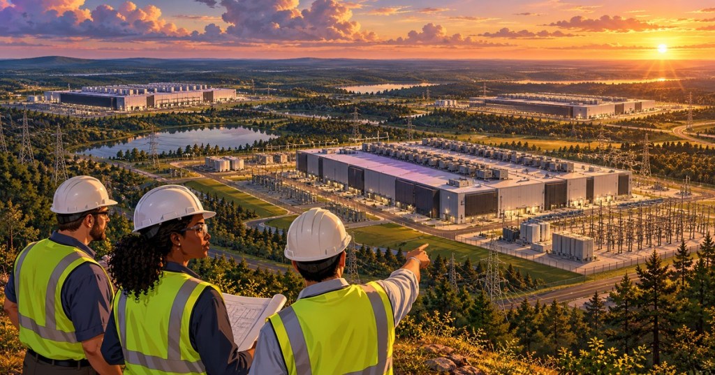 Original anime-style editorial illustration of engineers overseeing data center buildings and electrical substations at sunset; imagined scene, not an actual South Carolina project