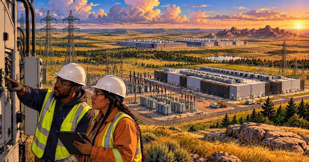 Original wordless graphic-novel artwork showing engineers inspecting electrical equipment overlooking a prairie data center campus and substations at sunset, conceptual illustration