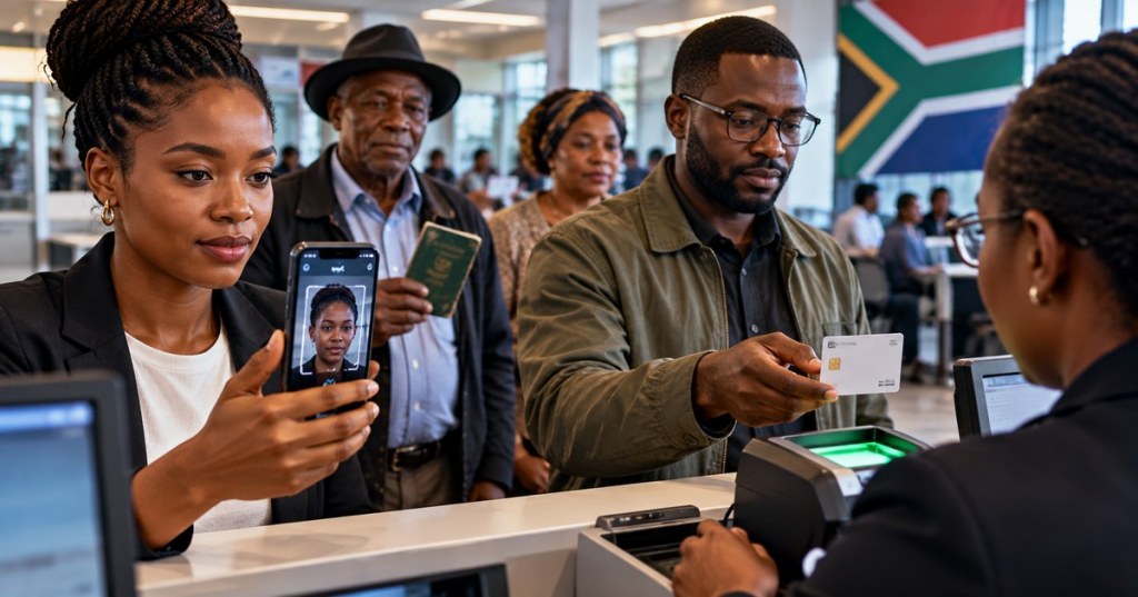 Photorealistic editorial image of South African citizens using smartphone biometric identity verification and a secure Smart ID card at a government service counter