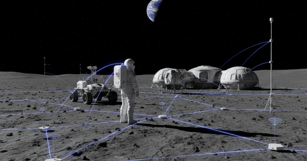 Future lunar base with astronaut, rover and wireless communications nodes connected across the Moon surface