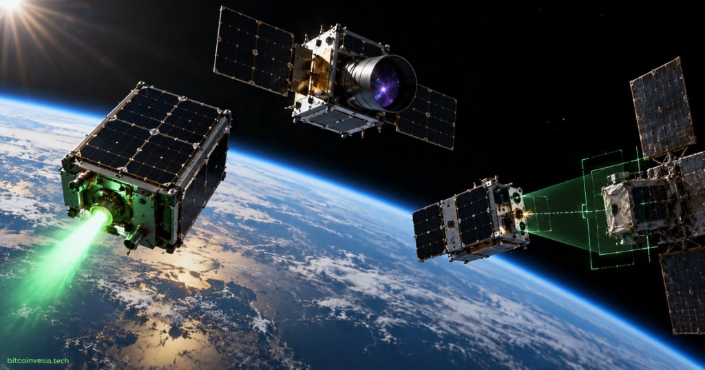 Three small spacecraft in Earth orbit representing propulsion testing, ultraviolet astronomy and autonomous satellite inspection
