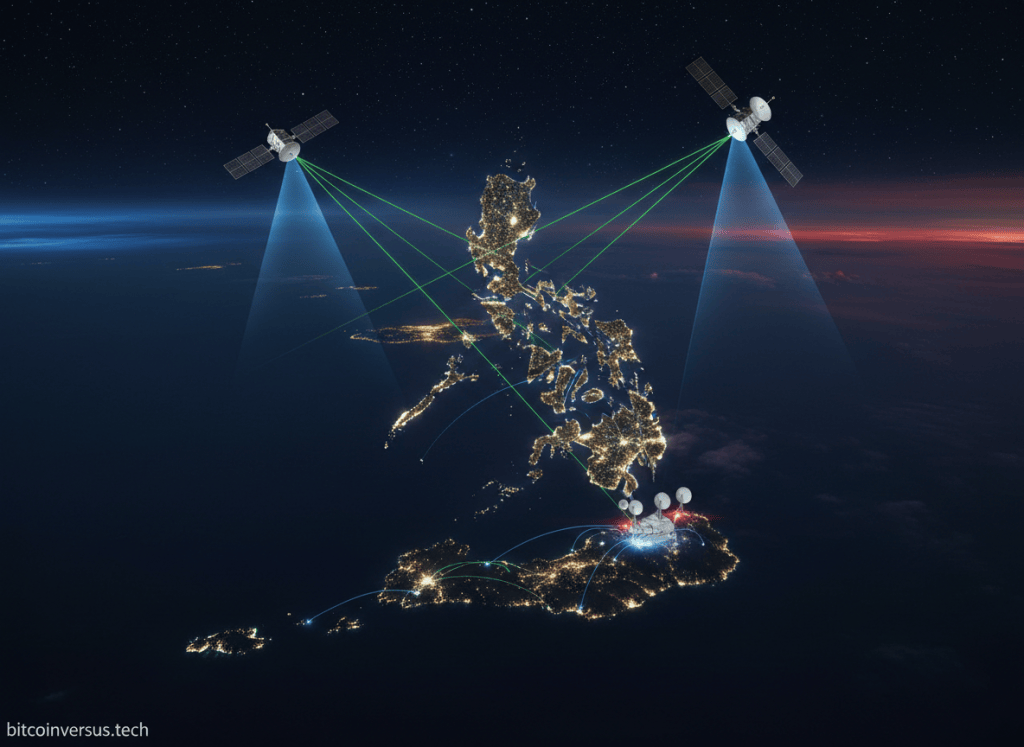Low-Earth-orbit satellites link across the Philippine archipelago with optical crosslinks and Ka-band ground connectivity.