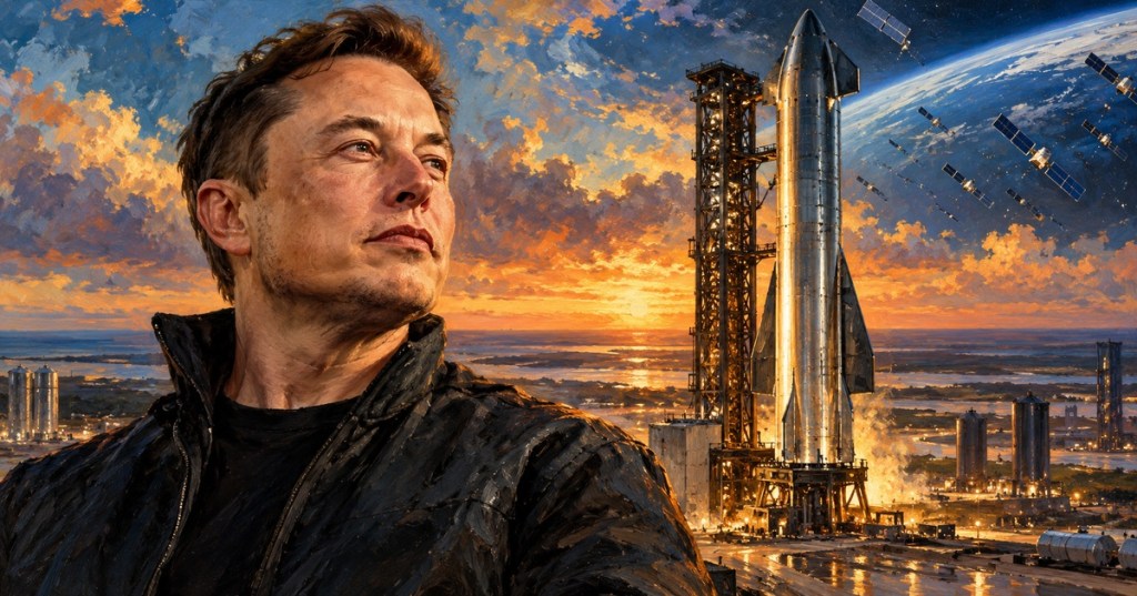 Oil painting of Elon Musk beside a large stainless-steel rocket at a coastal launch site with satellites in orbit.