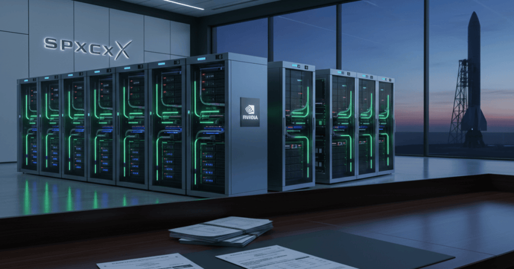 SpaceX and NVIDIA branded AI data center racks illustrating a proposed $40 billion financing for chips and Colossus 2 infrastructure.