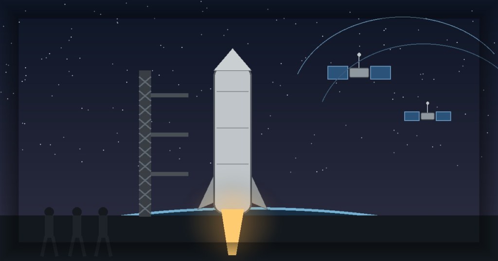 Wordless editorial illustration of a large rocket on a launch pad with satellite communications infrastructure for a SpaceX valuation story.