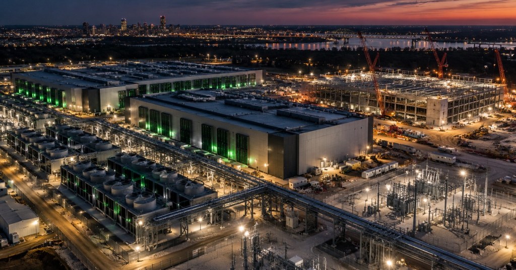 A large AI data center campus under construction at dusk with cooling equipment, electrical infrastructure, cranes and multiple compute buildings.