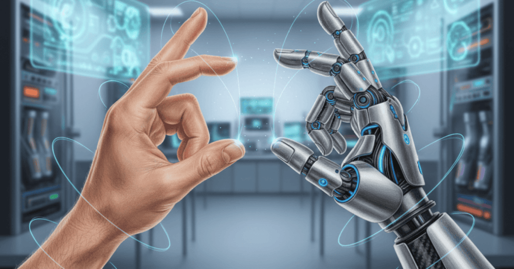 Human motion being translated into a humanoid robot's dexterous movements through physics-guided trajectories.