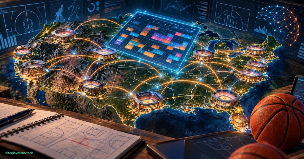 AI-driven college basketball scheduling across a U.S. map with arena routes, calendars, and analytics