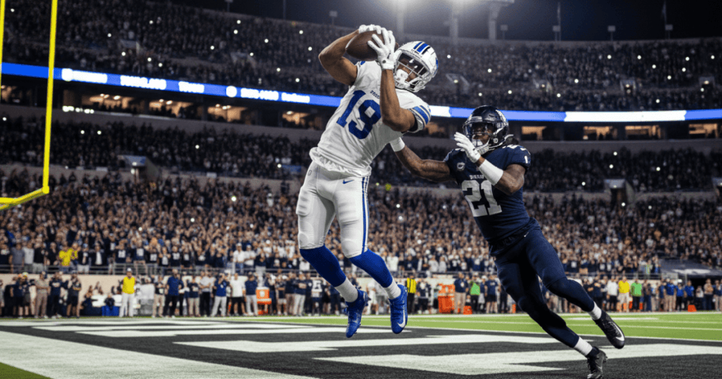 Wide receiver in blue and white making a late touchdown catch under stadium lights