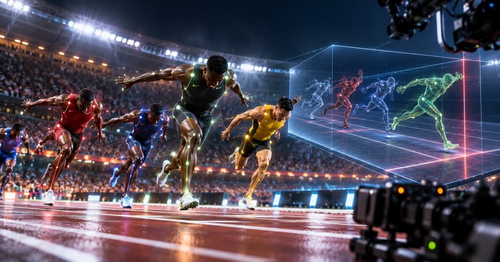 Sprinters crossing a finish line with optical tracking markers and a 3D broadcast replay visualization