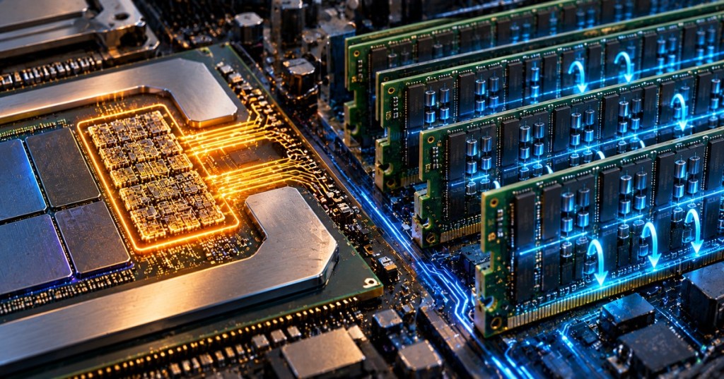 Wordless technical illustration contrasting fast on-chip SRAM cache beside a CPU with denser DRAM memory modules and refresh cycles on a motherboard.