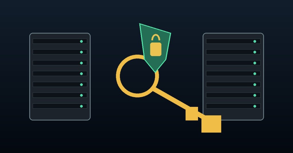 Original technical cover showing servers, a cryptographic key, and a security shield