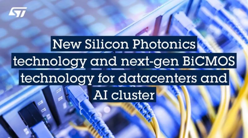 STMicroelectronics promotional image about silicon photonics showing fiber and data-center network connectors