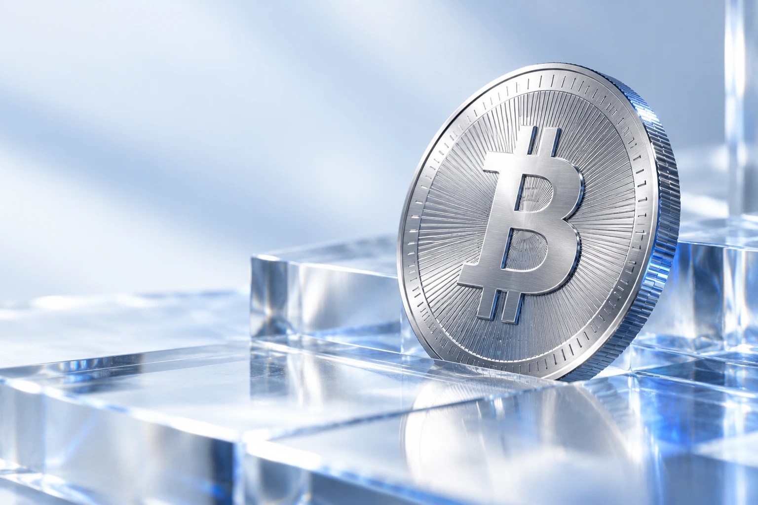 Standard Asset Co. official website photograph of a silver Bitcoin coin on transparent glass