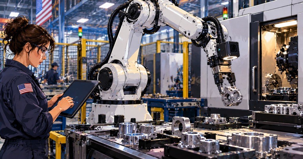 Anime-style editorial artwork showing a factory worker using a tablet beside a camera-equipped industrial robot arm handling machined parts on a factory floor.
