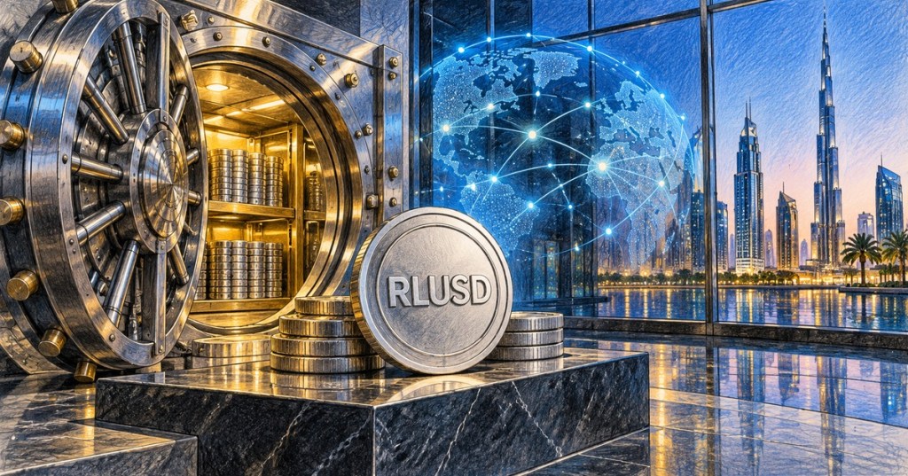 Colored-pencil illustration of institutional RLUSD stablecoin custody in a secure Dubai bank vault.