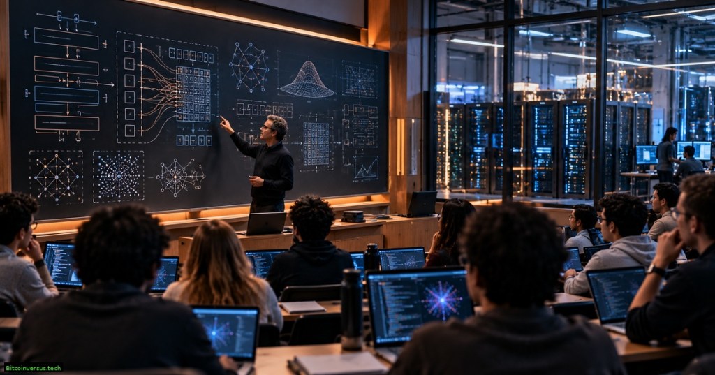 AI engineering lecture hall with neural-network diagrams and a large-scale computing lab, illustrating the path from language-model theory to production systems.