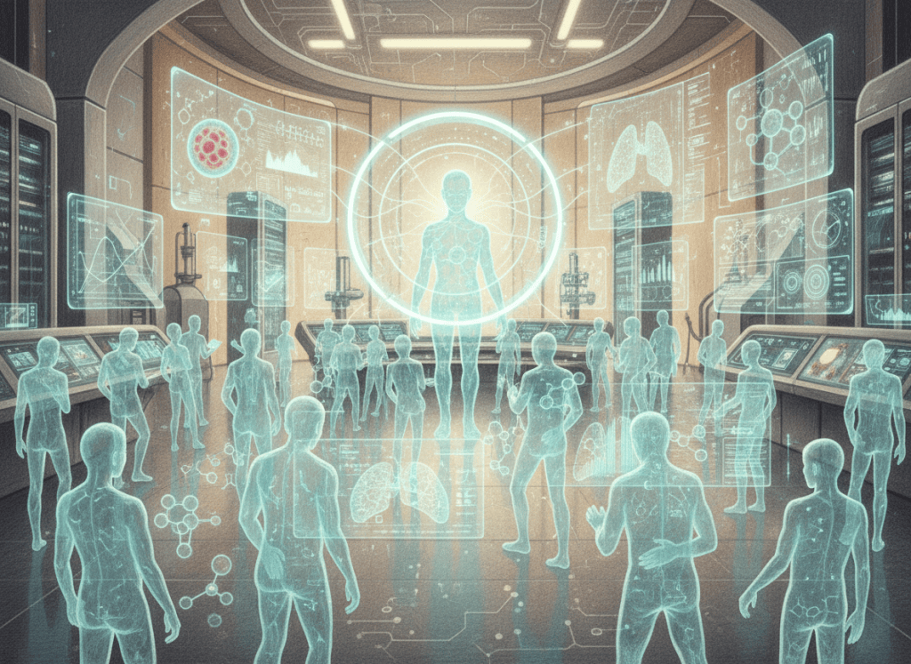 Virtual biotech laboratory where thousands of AI scientist agents collaborate on drug discovery and clinical trial analysis