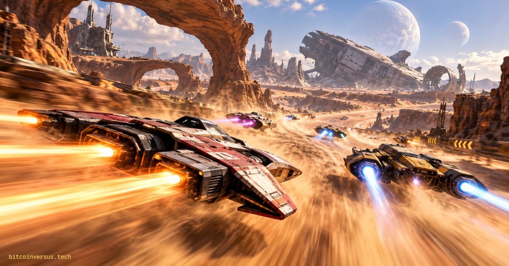 High-speed sci-fi hovercraft racing through a desert canyon with wrecked starships and moons
