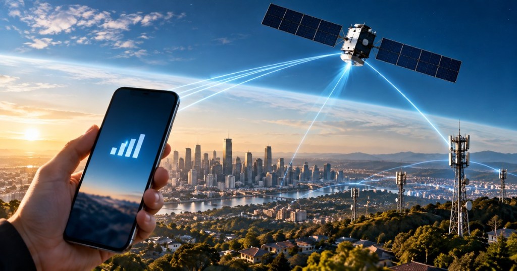 Illustration of a smartphone connecting through satellites and ground towers to represent Starlink Mobile competing with U.S. wireless carriers