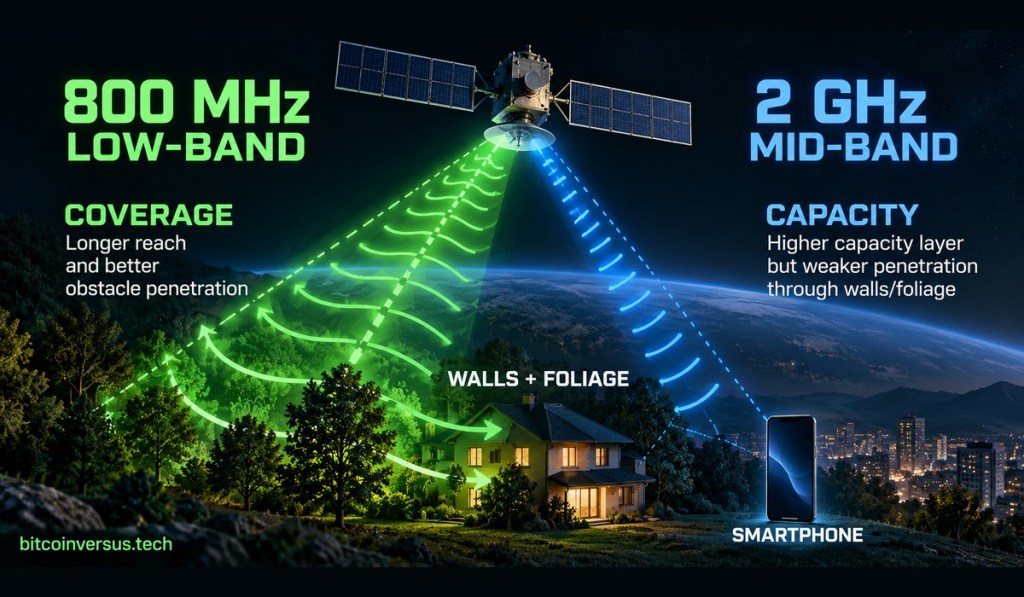 Technical comparison showing 800 MHz low-band coverage and obstacle penetration versus 2 GHz mid-band capacity for satellite-linked mobile service