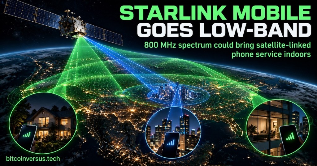 Cinematic illustration of a low Earth orbit communications satellite beaming low-band coverage to U.S. homes, cities, and smartphones