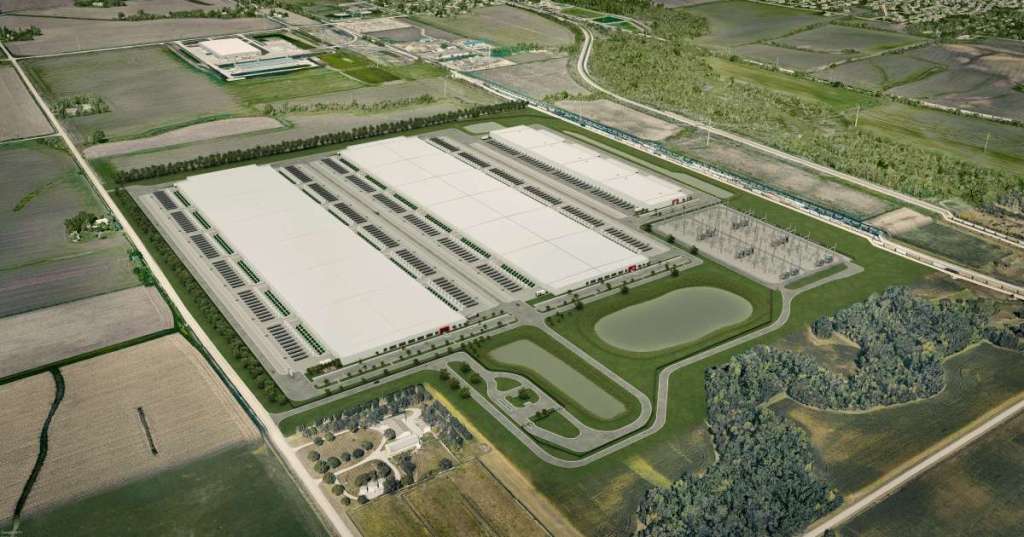Detailed aerial architectural rendering of the QTS Cedar Rapids data center campus, large white roofs, electrical substation, landscaped surroundings and Iowa farmland